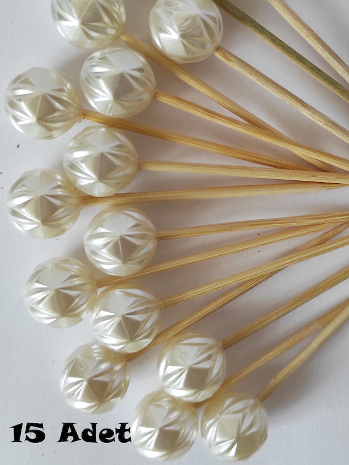 15 Adet Dekoratif İpek Yuvarlak İncili Pasta Kürdanı 6 cm - İnci 12 mm